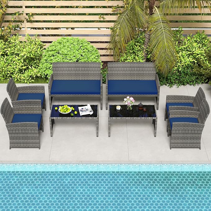 HAPPYGRILL 8 Piece Rattan Wicker Patio Conversation Set, Outdoor Furniture with Chair Loveseat Table & Cushion, for Backyard Porch Balcony (2, Navy)