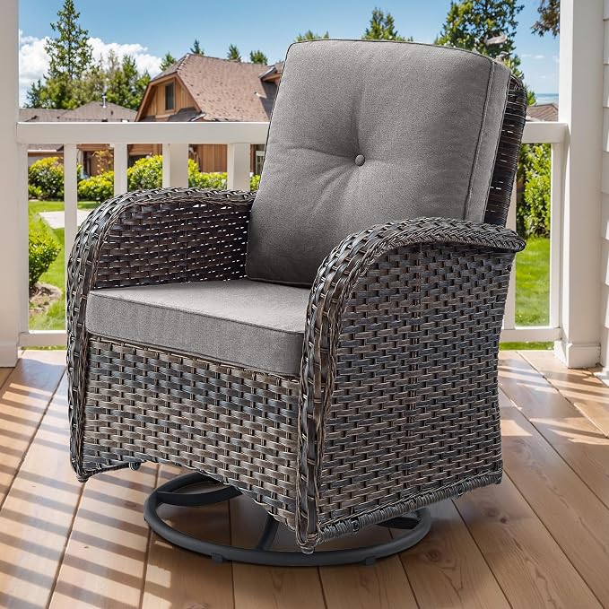 2 in 1 Porch Glider Swivel Chair - Wicker Patio Furniture Outdoor Swivel Rocker Chair with Thick Cushion, 300 Lb Weight Capacity Patio Swivel Glider Seating - Brown Wicker, Grey Cushion