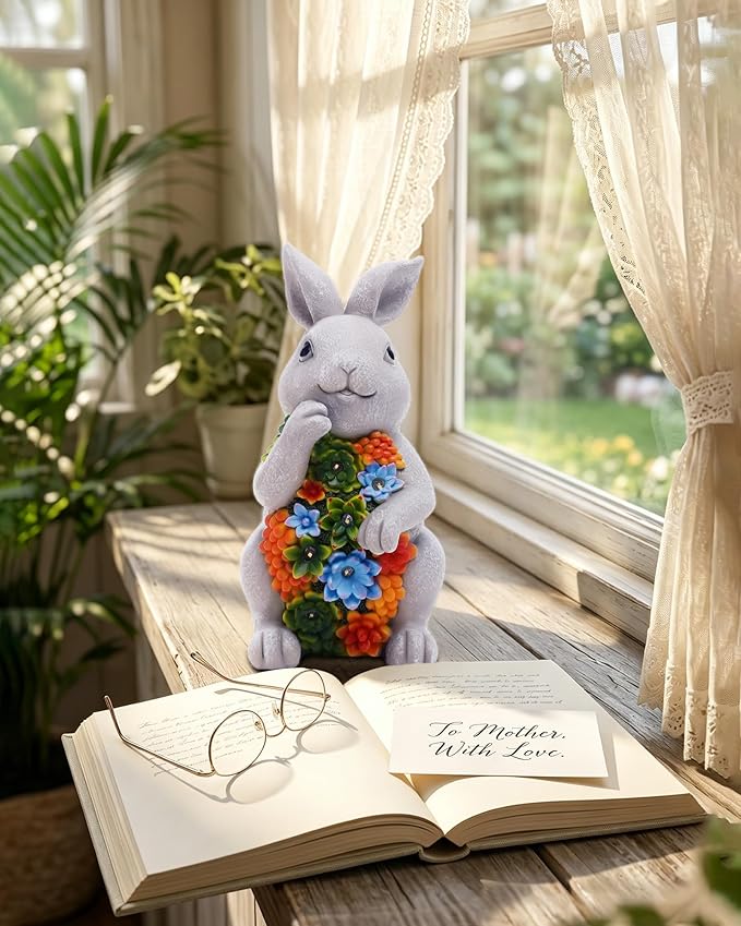 Nacome Solar Garden Outdoor Statues Bunny with Succulent | 7 LED Lights, Lawn Decor Statue for Patio, Balcony, Yard Ornament, Gifts for Mom Grandma Women