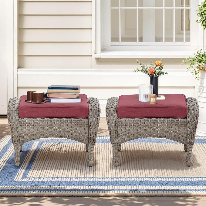 Belord Outdoor Ottomans for Patio Foot Rest - 25 Inch PE Wicker Foot Stool Set of 2 with Removable Cushions for Patio Furniture Sets,All Weather Rattan Ottoman for Balcony Deck Gray/Red