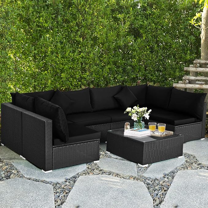 COSTWAY 7 Pieces Patio Furniture Set, Outdoor Rattan Conversation Set with 6 Seats, Coffee Tea Table, Soft Cushions, Wicker Patio Sectional Sofa for Garden Balcony Porch Poolside, Black