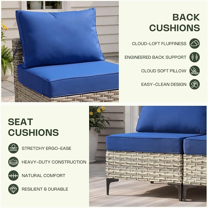 11 Piece Patio Furniture Set Outdoor Sectional with 54" Fire Pit Table, Wicker Swivel Rocking Chairs and L-Shaped Rattan Couch, Modular Conversation Set with Solar Coffee Table for Backyard, Navy Blue