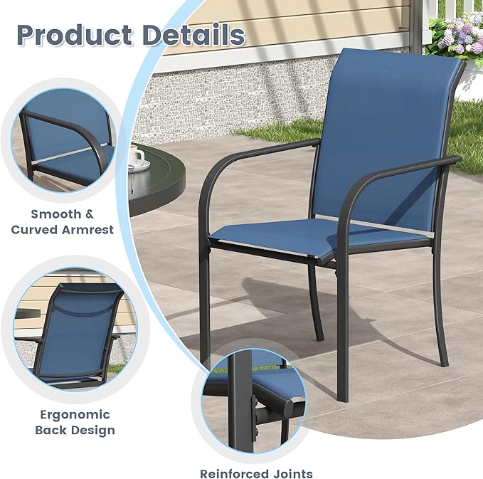 VICLLAX 9 Pieces Patio Outdoor Dining Set, 53" Round Metal Table with Umbrella Hole and 8 Stackable Textilene Chairs for Patio, Lawn, Garden, Porch, Black/Dark Blue