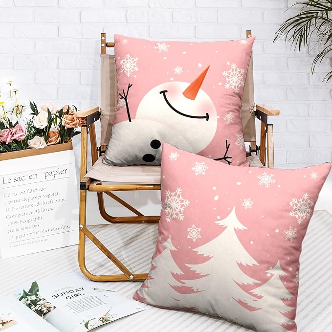 Set of 2 Snowman Throw Pillow Covers 24x24 Pink Christmas Pillowcase White Xmas Tree Pillow Covers Cotton Linen Cushion Case for Holiday Decorations Living Room Couch Sofa