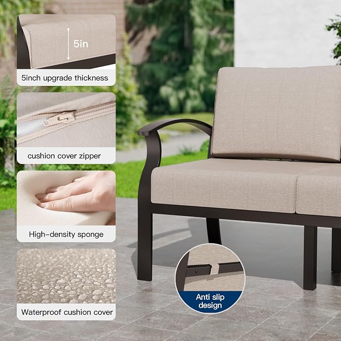 Kullavik Aluminum Patio Furniture Set,8 Piece Modern Metal Outdoor Patio Furniture w/5.1'' Thick Cushion,Swivel Chairs and 45" Propane Fire Pit Table,Patio Conversation Sets for Porch,Deck,Sand