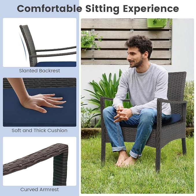 Tangkula 8 Pieces Outdoor Conversation Set, Patio PE Wicker Sofa with Tempered Glass Coffee Table, Soft Seat Cushions Included, Modern Rattan Chair Table Set for Porch, Backyard (2, Navy)