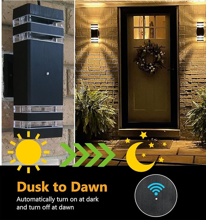 Dusk to Dawn Outdoor Wall Lights Fixture, Up and Down Porch Lights Outdoor Wall Black Modern Exterior Lights, IP65 Warm White 3000K Waterproof LED Wall Sconce for House Garage, 2 Pack