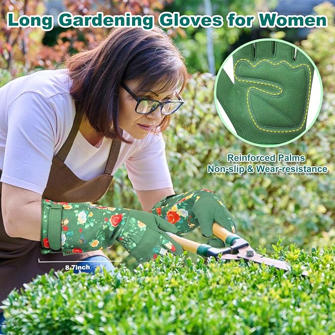 DLY Garden Gloves for Women,Gardening Gloves,Garden Gift for Lady,Blue,XL | Lightweight Microfiber Leather, Breathable Long Cuff, 3-Finger Touchscreen, Green Rose Print, Pruning, Weeding & Yard Work