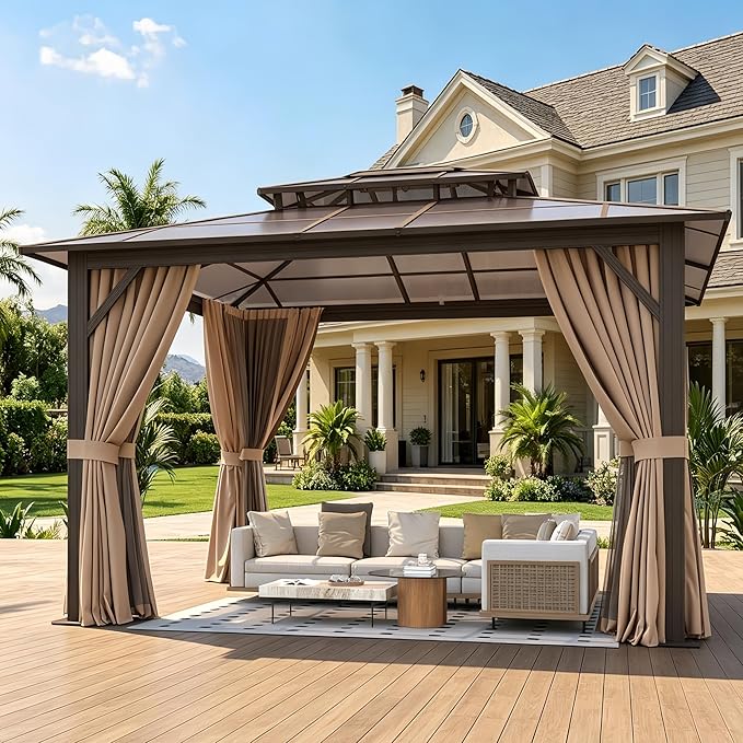 12’x14’ Hardtop Gazebo with Double Polycarbonate Roof Outdoor Metal Gazebo Sturdy Aluminum Frame & Removable Curtains, Netting Permanent Pavilion Pergola for Garden,Patio,Lawn (Brown)