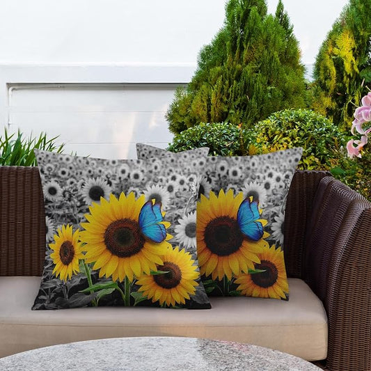 Throw Pillow Covers, Sunflower Butterfly, Set of 2, 18 x 18 Inch | Farmhouse Yellow Blue Outdoor Waterproof Square Cushion Case Garden Decorative for Couch Beach Patio