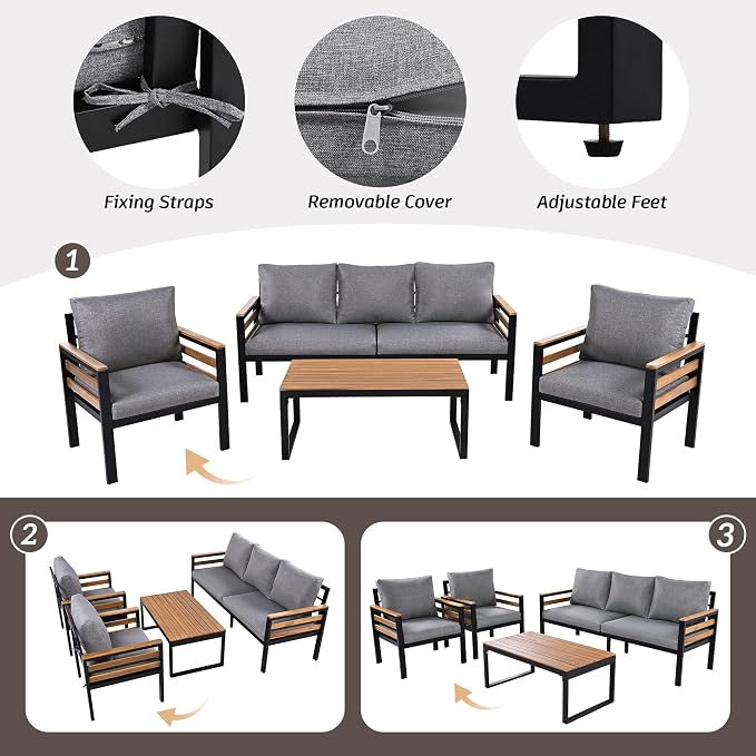 4-Piece Patio Set, Outdoor Furniture Sofa Set for 5 People with Acacia Wood Armrests, Conversation Set with Solid Wood Coffee Table, 2 Single Chairs, 3-Seater Sofa for Garden and Backyard (Gray/453)