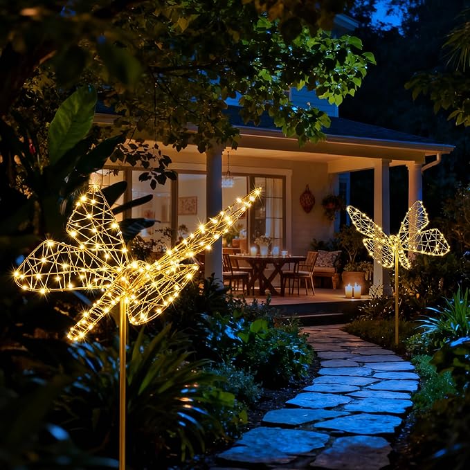 Lomotech Solar Garden Lights - 18" 240 Leds Foldable Outdoor Butterfly Garden Decor, Waterproof Larger Outdoor Solar Lights with Iron for Garden Patio Yard Lawn Pathway Decorations (Warm White)