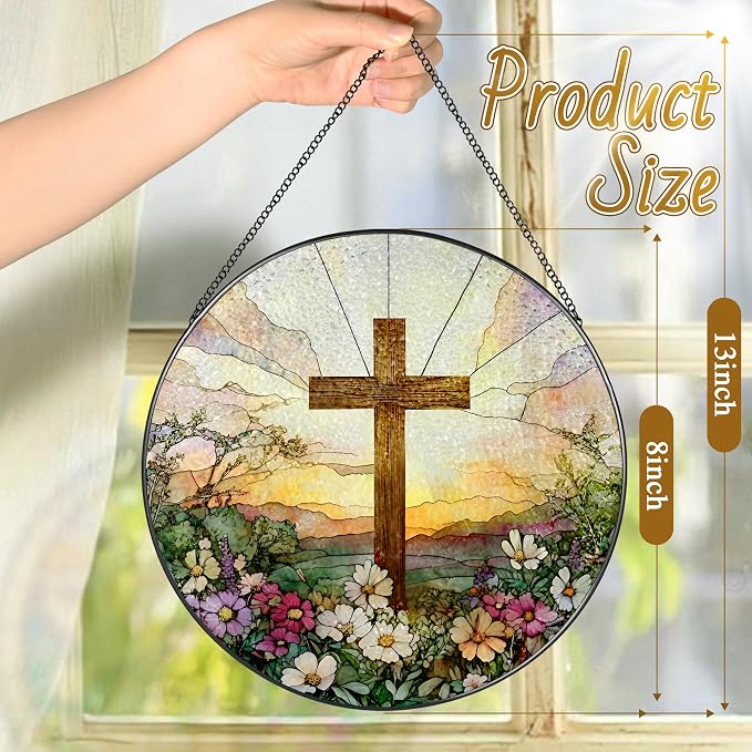 8 Inch Stained Glass Cross and Wildflowers Suncatcher Christian Stained Glass Windows Hanging Flower Cross Gift for Religious Easter Faith Christian Gifts Religious Home Decor