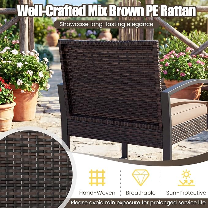 Tangkula 5 Pieces Wicker Patio Conversation Set, Outdoor PE Rattan Chair with Ottoman Set with Glass Side Table, 2-Person Small Balcony Furniture Seating Set with Cushions for Porch, Backyard, Deck