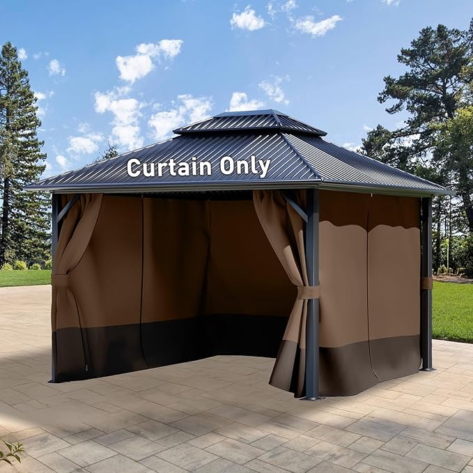 Aoodor 10x13 ft Outdoor Gazebo Curtains, 4 Panels Waterproof Privacy Sidewall Replacement with Zipper for Patio Pergola and Canopy, Brown and Coffee