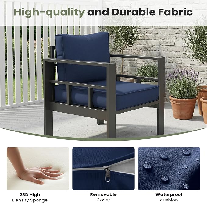 6 Piece Aluminum Patio Furniture Set with 44" Fire Pit Table & Thick Cushions, Aluminum Outdoor Sectional Conversation Set with Coffee Table for Porch, Backyard(Grey/Navy Blue)
