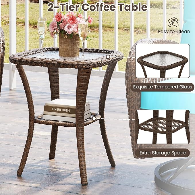 HAPPYGRILL 3 Pieces Patio Furniture Set Outdoor Rattan Swivel Rocker Chairs with Side Table, Outside Sectional Conversation Set with Swivel Rocking Chairs for Deck Porch Garden (Turquoise)