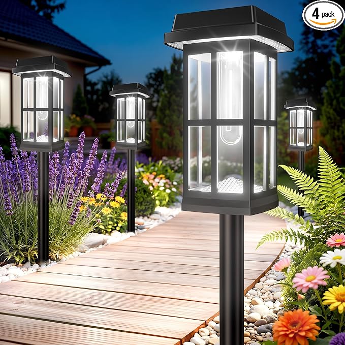 Ahaorigin Solar Pathway Lights Outdoor, 2 Lighting Modes Waterproof Solar Lights Outdoor, Sturdy Metal Rods, Brighter Up to 15Hrs Outdoor Path Lights for Garden Yard (Cool White, 4 Pack)
