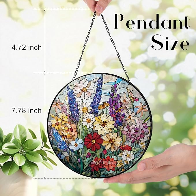 Colorful Wildflowers Suncatcher Stained Glass Window Hanging | 7.9 in, Sun Catcher, Garden Decor