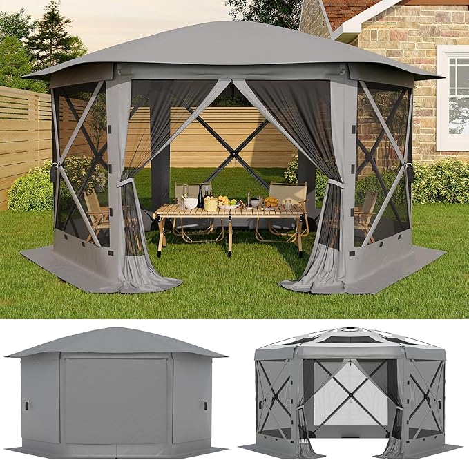 GarveeLife 13x13FT 6-Sided Pop Up Gazebo Tent，One-Push Setup Canopy Tent with Removable Canopy Top & Wind Cloths, Outdoor shelter for Camping, Backyard Parties, Outdoor Events - Grey