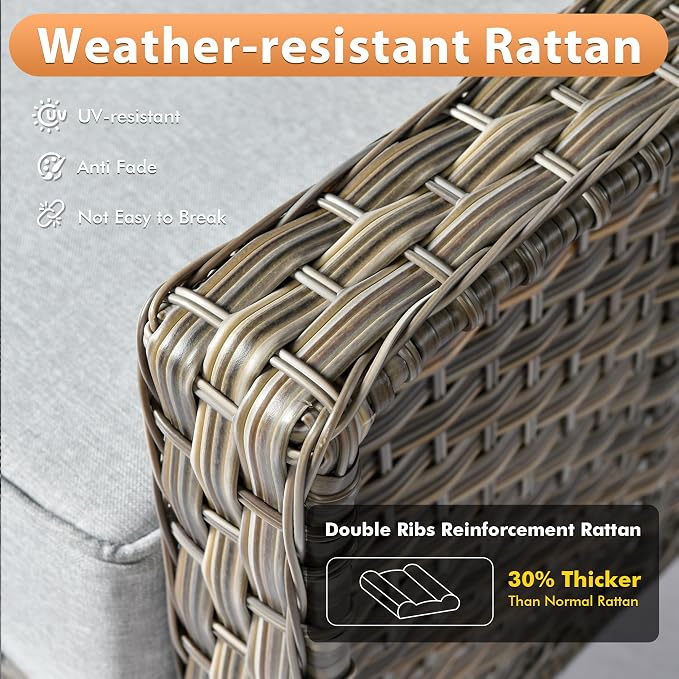 8 PCS Outdoor Patio Furniture Sets,Patio Conversation Sets Outside Rattan Soft Cushion Sofa with 2 Wicker Rocking Chairs Soft Cushion Fit Backyard Porch Garden Poolside Balcony,Light Grey