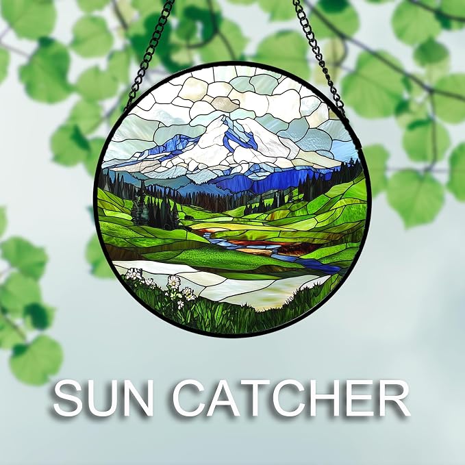 DASTOLL Stained Glass Window Hanging 4 Pcs Set Mountains Lake Green White Landscape 9.8" - Suncatcher Door Garden Sun Catcher Decor Birthday Christmas for Mom Woman Nana Men