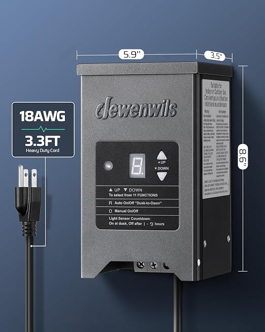 DEWENWILS 150W Low Voltage Landscape Lighting Transformer, 120V to 12/15V AC, Metal Shield, Outdoor Low Voltage Landscape Transformer, Photocell & Timer, Landscape Lighting Transformer