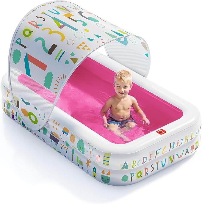 QPAU Kiddie Pool – 65" x 39" Inflatable Pool for Kids & Toddlers, Ball Pit & Baby Pool with Soft Cushioned Floor, Canopy for Sun Protection, Durable Outdoor Play Toys for Backyard & Indoor (Pink)