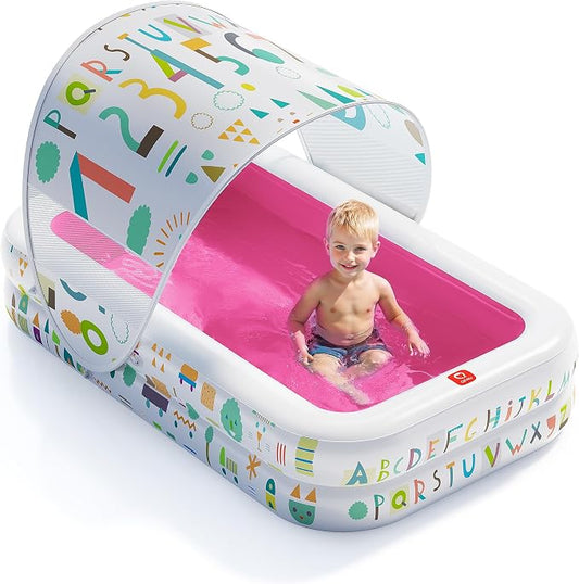 QPAU Kiddie Pool – 65" x 39" Inflatable Pool for Kids & Toddlers, Ball Pit & Baby Pool with Soft Cushioned Floor, Canopy for Sun Protection, Durable Outdoor Play Toys for Backyard & Indoor (Pink)