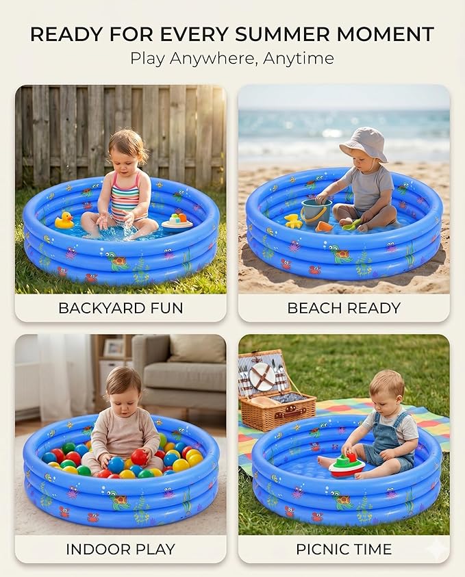 Baby Pool for Toddlers 1-3 with Bubble Bottom, Inflatable Kiddie Pool for Kids with Easy Drain Plug, Small Blow Up Pool for Backyard Summer Water Play, Durable Kids Swimming Pool (Blue)