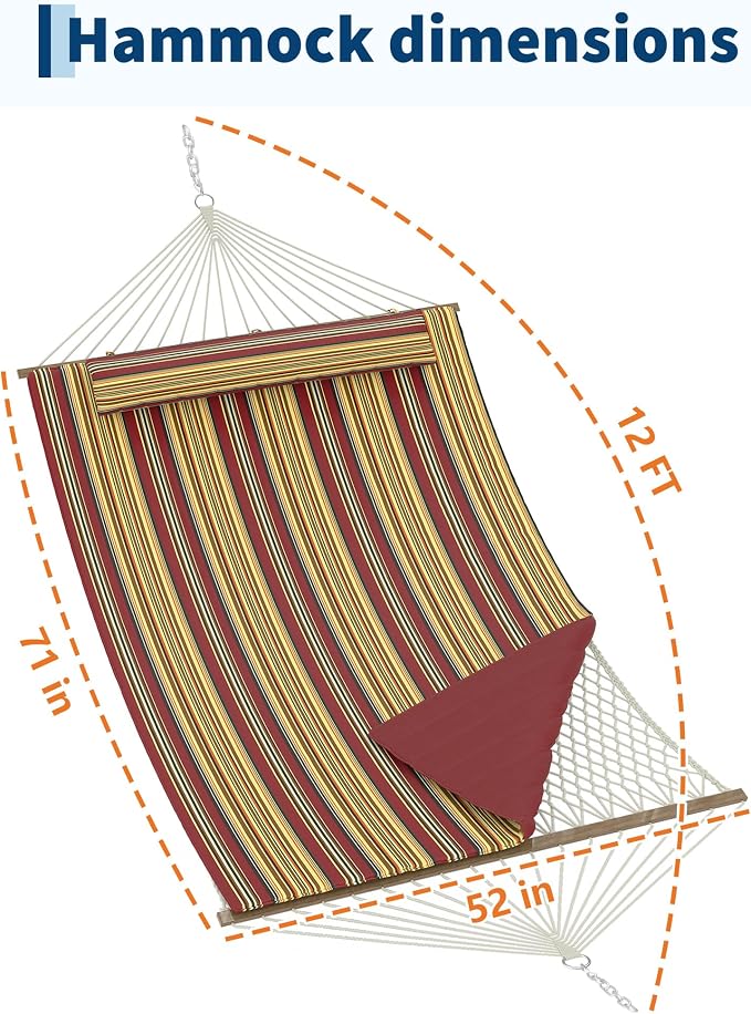 Double Quilted 2 Person Hammock – 12FT Outdoor Freestanding Garden Hammock, Wooden Spreader Bar, Removable Pillow, Storage Pocket, 450lbs Capacity, Cotton Rope & Padded Polyester