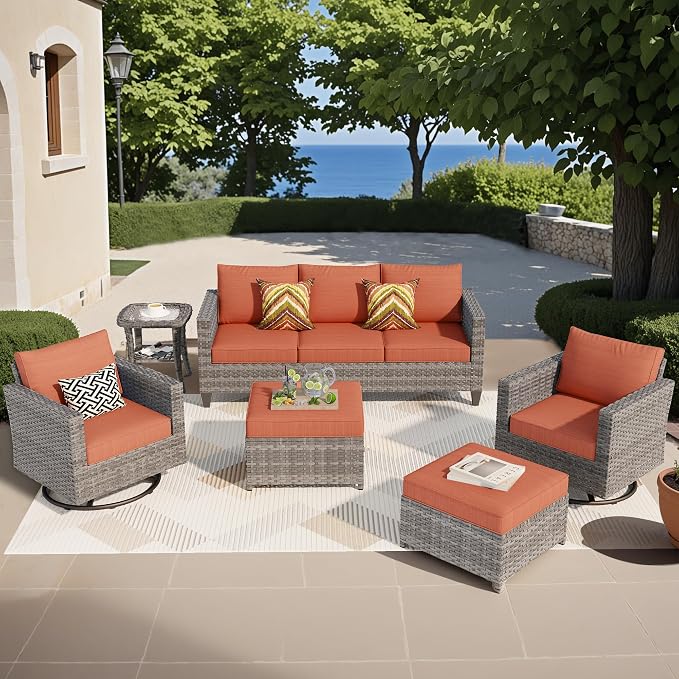 ovios 6 Pieces Patio Furniture Set, Outdoor Wicker Rattan Sofa Couch with Swivel Glider Chairs Comfy Cushions, Modern Conversation Set for Deck Backyard Porch, Orange Red