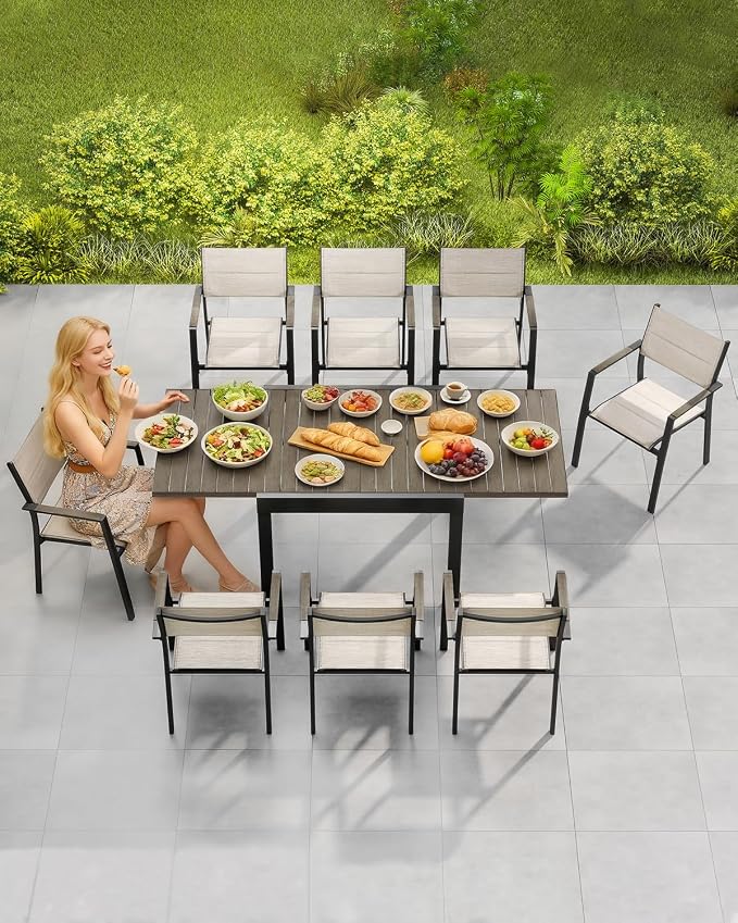 Patio Dining Set for 8, Aluminum Extendable Outdoor Dining Table Set with Expandable Dining Table and Double-Layer Textilene Dining Chairs, Patio Furniture Set for Porch, Deck, Limed Oak