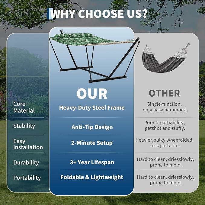 2 Person Portable Double Hammock for Outdoor with Pillow, Heavy Duty Portable Hammock with Adjustable Steel Stand for Patio, Garden, Beach, Backyard