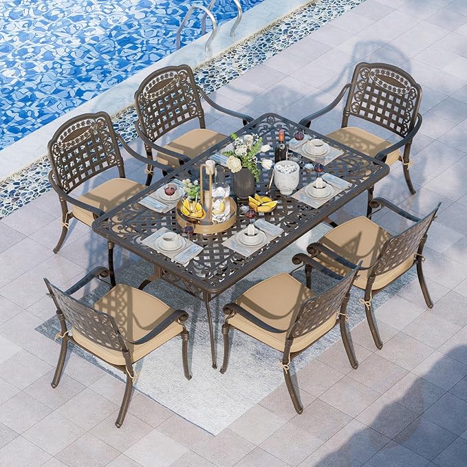 Grepatio 7 Piece Patio Dining Set Outdoor Dining Table Set Cast Aluminum Furniture Set with 6 Dining Armchairs and Dining Table, 6 Cushions Included for Backyard Garden Deck Poolside