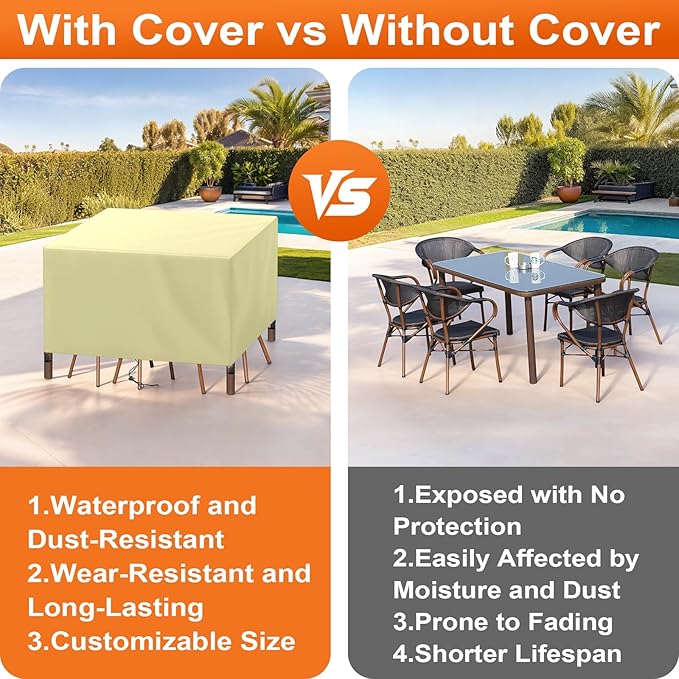 Patio Furniture Cover Rectangle 84"(L) x 48"(W) x 30"(H), Custom Heavy Duty 420D Waterproof Outdoor Cover with Drawstring & Buckles for Table Chair Garden, Cream