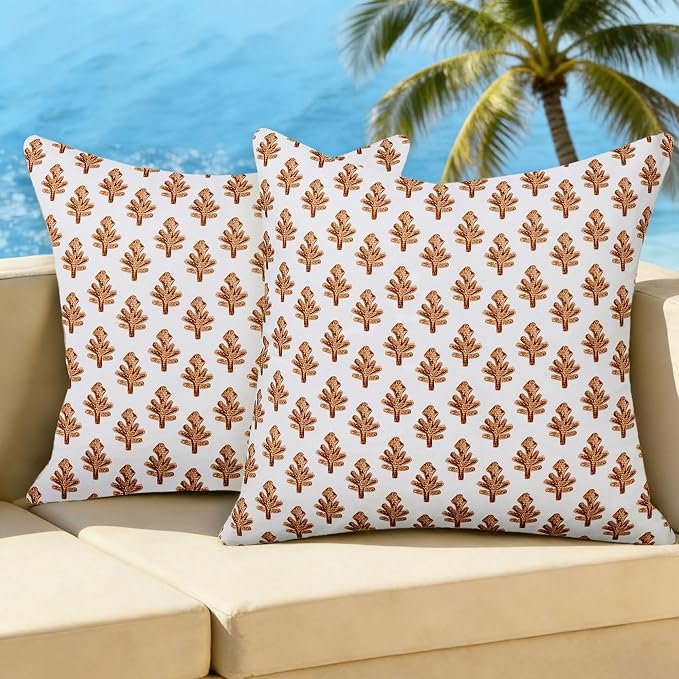 Outdoor Pillow Covers 18x18 Set of 2 Boho Brown Floral Accent Print Decorative Throw Pillow Cases for Outdoor Waterproof Patio Furniture Garden Porch Sofa Bed Cushion Covers Home Decor JB005-D18