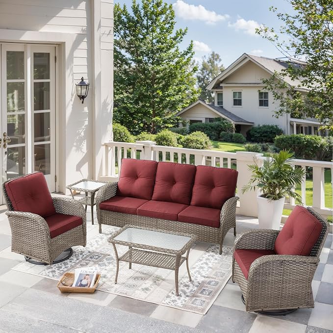 5 Pieces Wicker Patio Furniture Set-Outdoor Swivel Rocker Patio Chairs Patio Sofa Set with Tempered Glass Top Outdoor Coffee Table for Deck Lawn Porch Balcony Poolside-Grey/Red