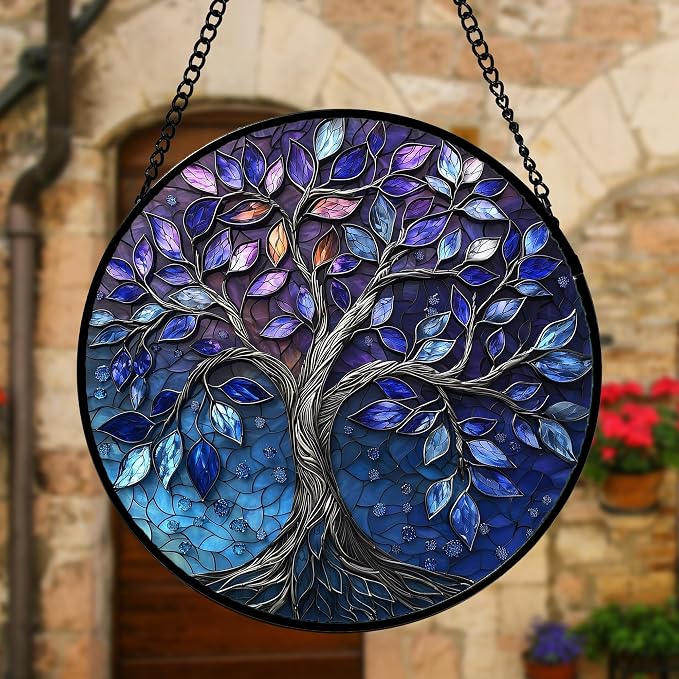 DASTOLL Stained Glass Window Hanging, Blue Purple Tree of Life Sun Catchers Colorful Glass Panel Plants Suncatcher Decor for Birthday for Women,Men,Wife, Lovers, and Mom 6.3 in