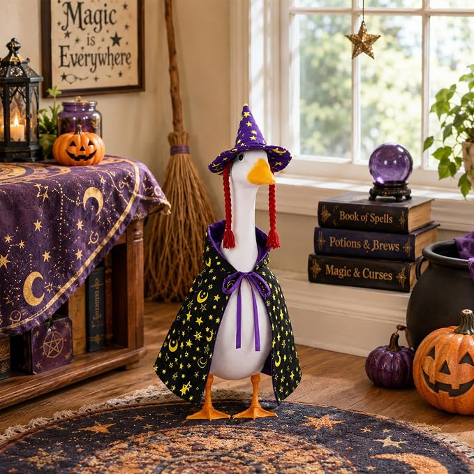 Watayo 2 Pcs/Set Halloween Witch Porch Goose Outfits, Purple Witch Goose Clothes Included Cape and Braid Hat, Spooky Porch Goose Accessories for 23 Inch Lawn Statue Garden Outdoor Decor