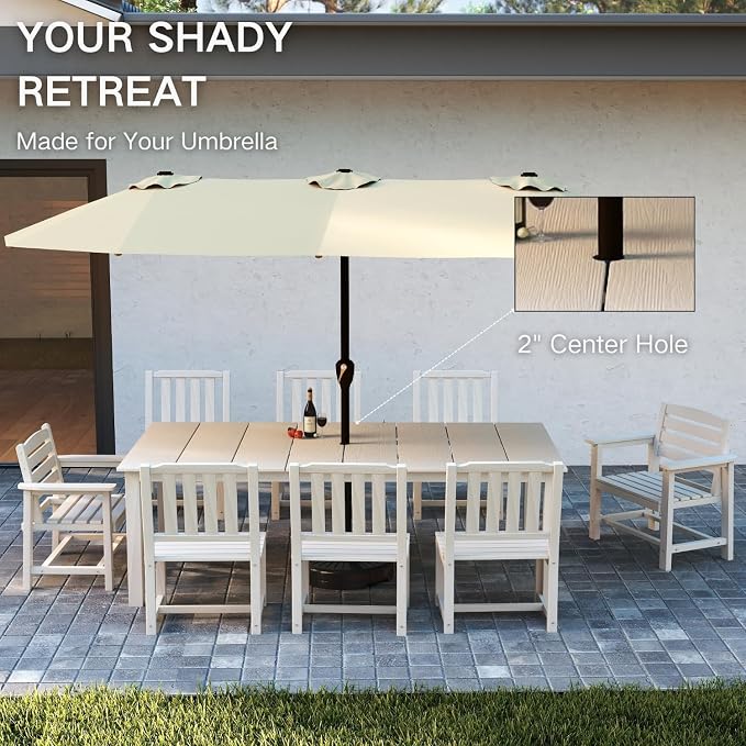 Kingdura 9 Piece Patio Dining Set for 8, HDPE Outdoor Table & Chairs with Umbrella Hole, All-Weather Outdoor Furniture Patio Conversation Set for Lawn Pool Backyard, White