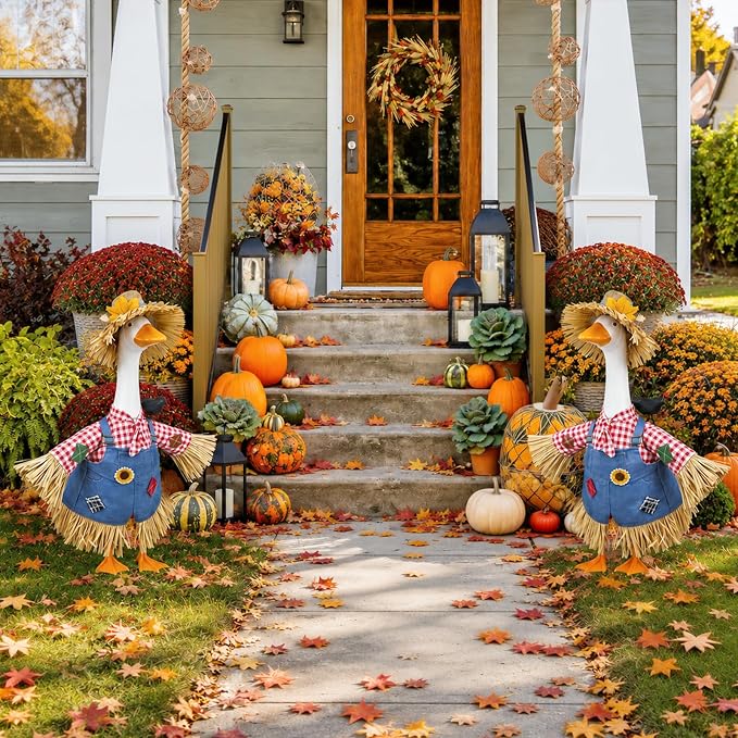 Fall Porch Goose Outfit Scarecrow Costume, Thanksgiving Porch & Yard Decor | Fits 23 Inch Goose Statues, 2-Piece Set with Scarecrow Hat & Crow, Autumn Porch, Patio, Lawn Garden Thanksgiving Decor