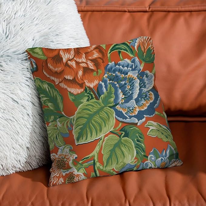 Blue Floral Chinoiserie on Orange Throw Pillow Covers Peony Chic Asian Throw Pillow Cover Abstract Throw Pillow Covers Farmhouse Decorative for Patio Garden Couch Tent 26x26 in