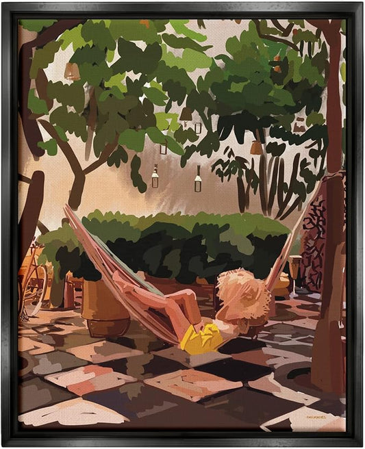 'Woman Lounging Hammock Tropical Summer'| Floating Frame Canvas Art | Stupell Industries | Black, 25 x 31 Inches, Easy to Hang and Sturdy, Made in USA, by Amelia Noyes