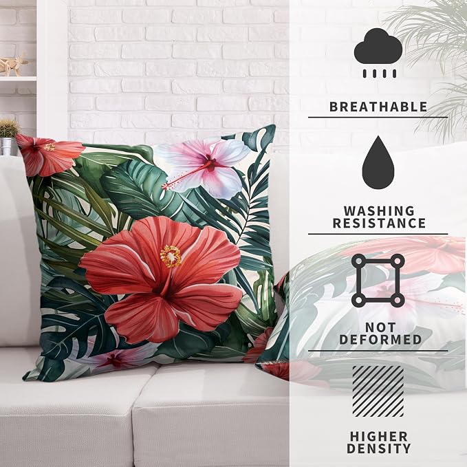 Hibiscus Flowers Pillow Covers Hawaiian Tropical Throw Pillow Covers 22x22 Set of 2 Monstera Palm Leaves Pillowcase Double Sided Printing Cushion Case for Patio Outdoor Sofa
