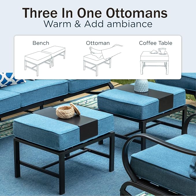 PHI VILLA 6 Piece Patio Furniture Sets with 1 x 3-Seat Deep Seating Bench, 2 x Cushioned Swivel Sofa Chairs, 1 x Coffee Table & 2 Ottoman, Outdoor Metal Conversation Set for Lawn Garden, Navy Blue