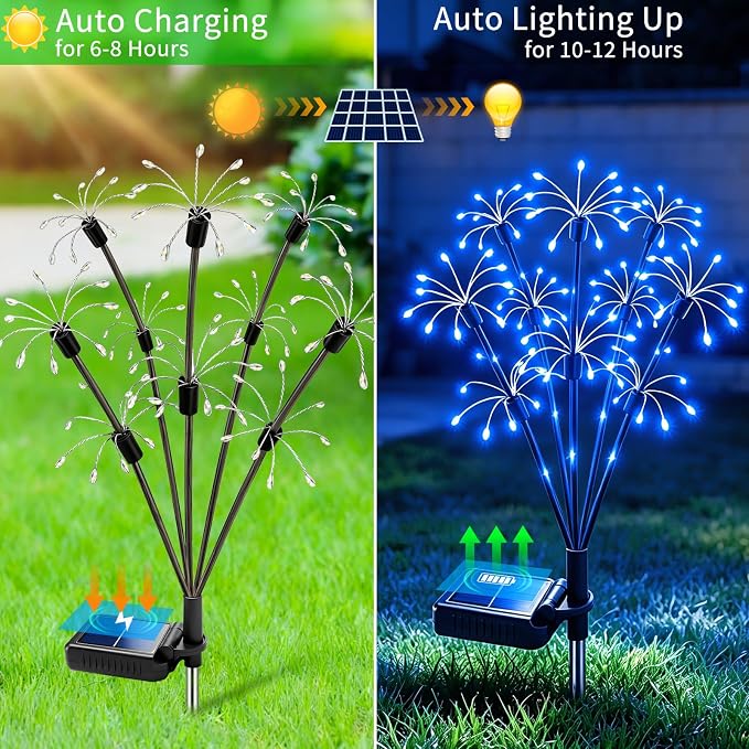 Solar Garden Lights Outdoor, 4 Pack 2-Layer Blue Fairy Firework Lights | Waterproof Starburst Flower Light, Garden Decor for Yard Patio Pathway Lawn, Unique Gifts for Women Mom Grandma Christmas