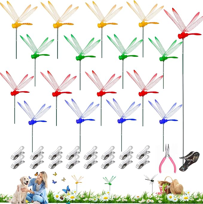 16Pcs Dragonfly Clip, DIY Dragon Fly Clips, Fake Dragonfly Garden Outdoor Decor, Plastic Dragon Fly Plant Pot Decorations with Pliers & Clips(Small)