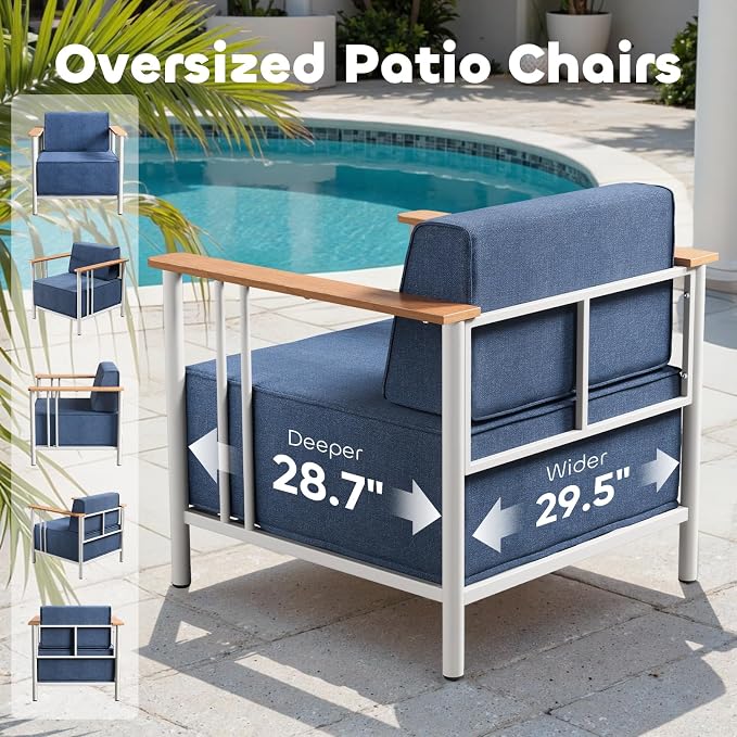 Luxury Patio Furniture Set with 10" Extra Thick Cushions, 6 PCS Outdoor Furniture Set with Patio Chairs & Couch & Coffee Table, Suitable for Porch, Balcony, Deck, Yard, Poolside, White/Blue