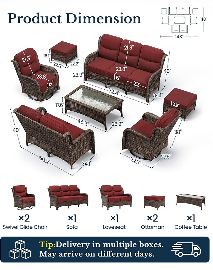 HILLGA Luxury High Back Patio Furniture Set with 6-Inch Thick Cushion, 7-Piece Outdoor Conversation Set with Sofa, Swivel Rocker Chairs & Ottomans, Ideal for Porch Pool Deck Yard (Burgundy)